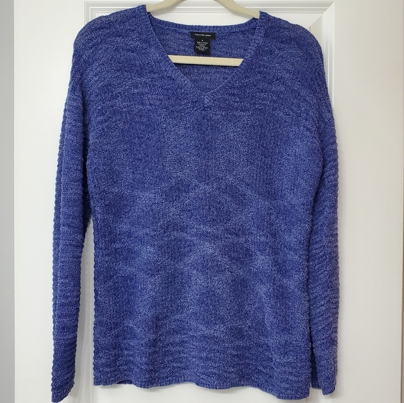 Calvin Klein Jeans Sweater Boucle Blue V-neck Pullover Textured Knit Top Medium - Picture 2 of 6